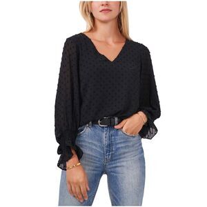 Vince Camuto Womens Clip Dot Smocked Cuff Ruffled Blouse, NWT